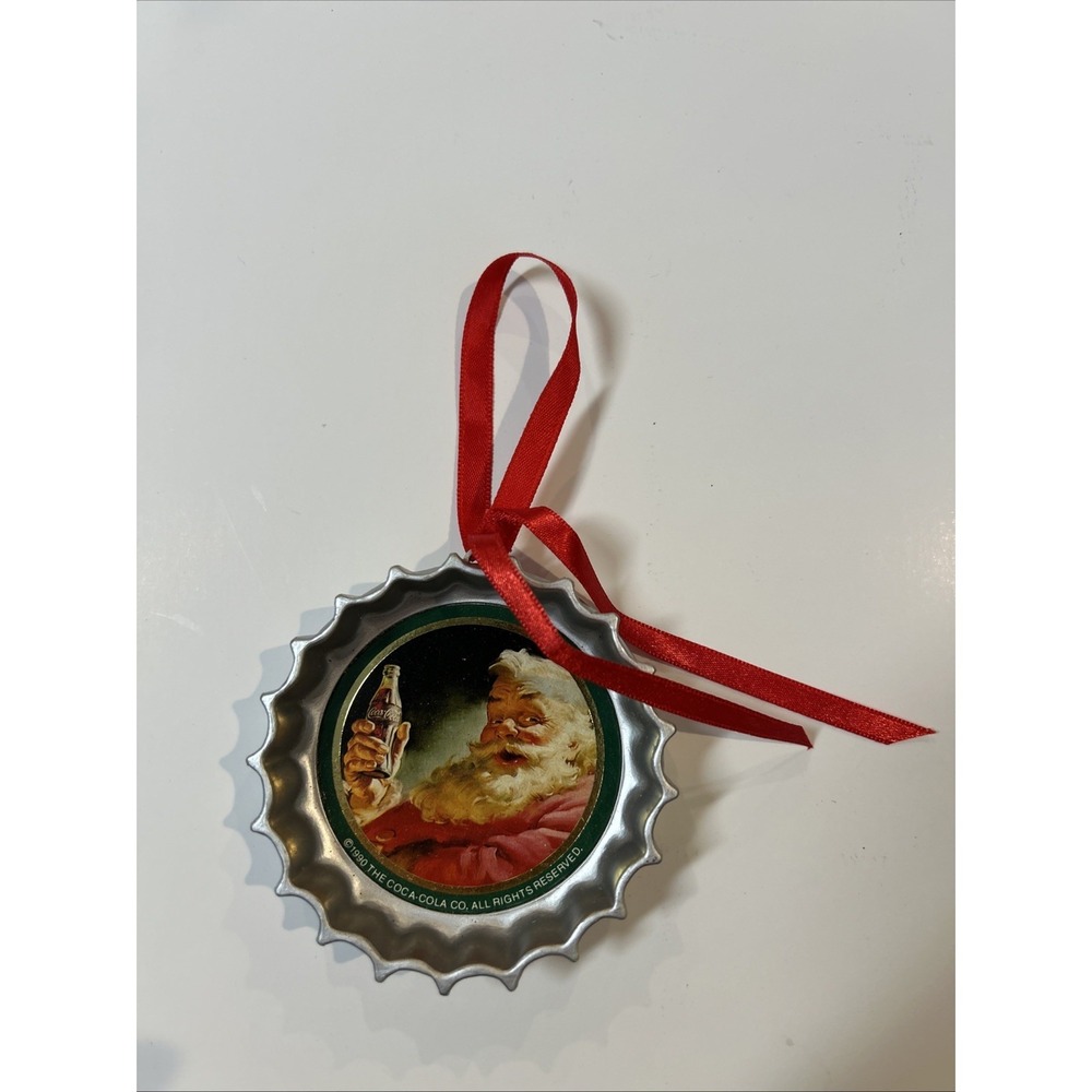 90s Coca Cola Santa Bottle Cap Ornament Red Ribbon Christmas 1990 3"